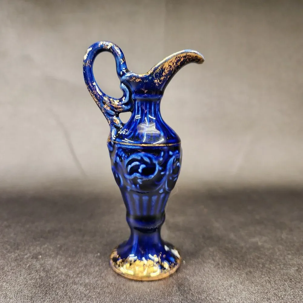 Dark  Blue with Gold accents Miniature Vase 4.5 inches Tall Unmarked